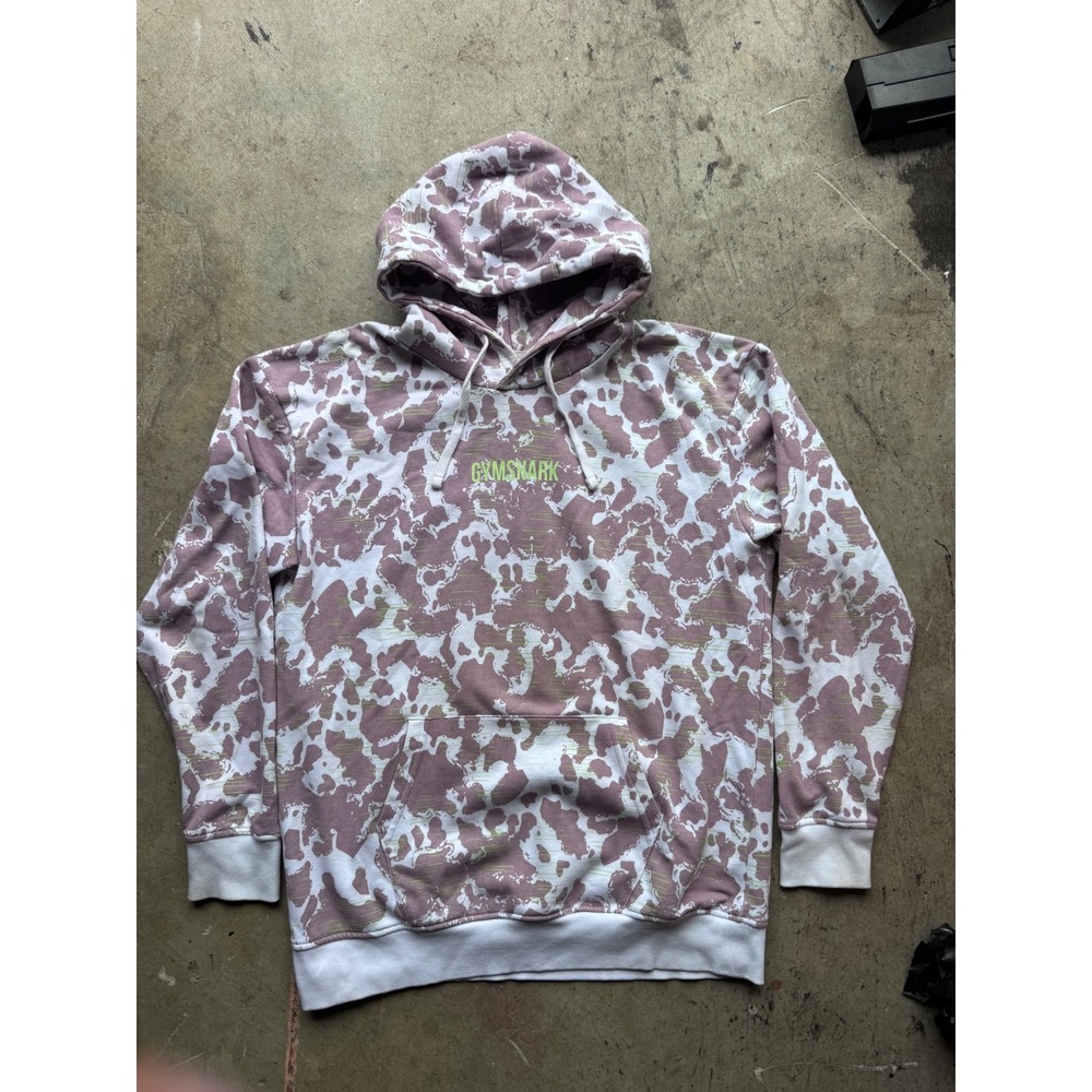 Gymshark Mens Mauve White Camo Print Pullover Hoodie Size M Neon Green Logo